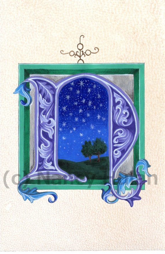 Alfabeto lettera N, medievale illuminato lettera N, dipinto iniziale N, dipinto lettera N, N Stampa artistica