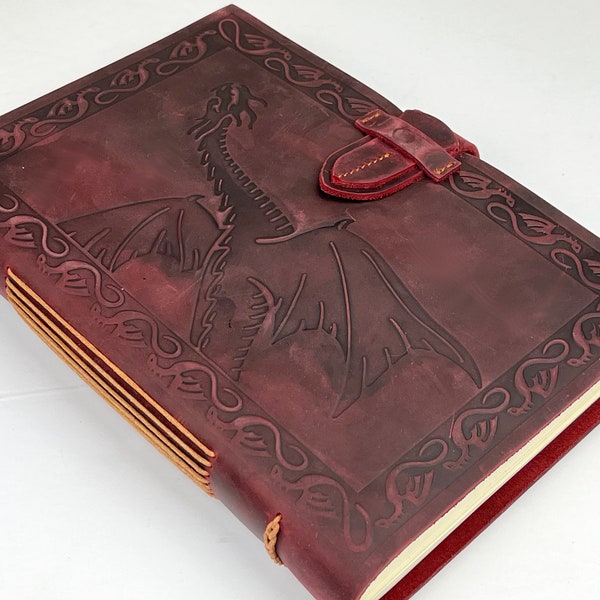 Red Leather Journal with Dragon Embossed, Large and Thick
