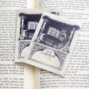 May include: A black and white illustration of an owl perched on a book with two candlesticks on either side. The text "Ex Libris" is printed below the image.