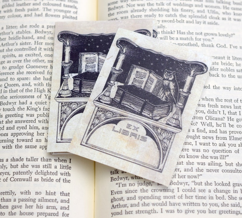May include: A black and white illustration of an owl perched on a book with two candlesticks on either side. The text "Ex Libris" is printed below the image.