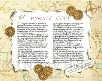 Pirate Code Art Print, Caribbean Map & Pieces of Eight