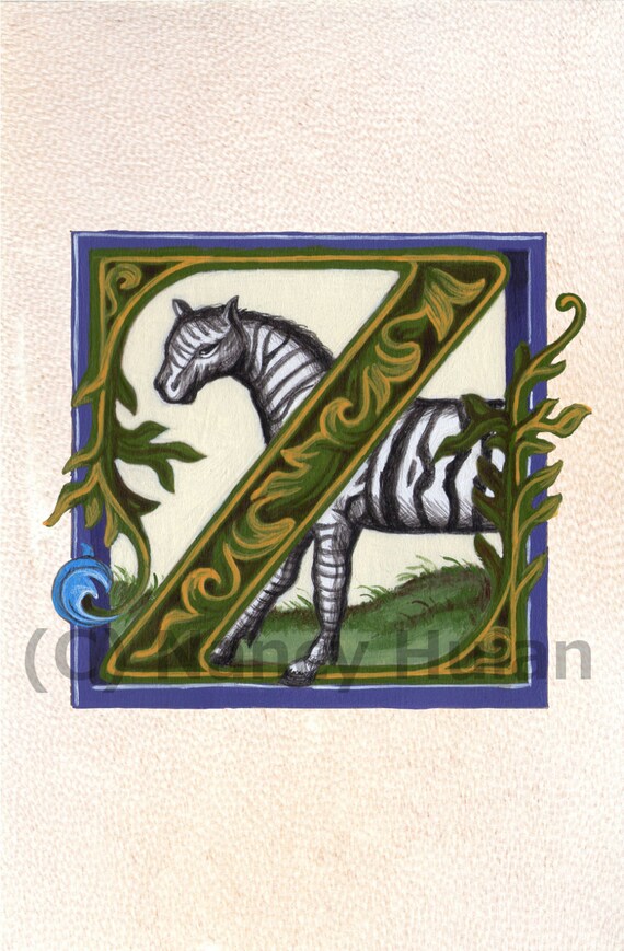 Medievale illuminato lettera Z, alfabeto lettera Z, medievale verniciato lettera Z, dipinto iniziale, Renaissance lettera stampa d'arte