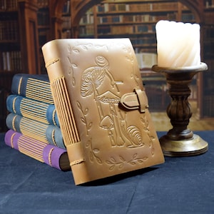 Mushroom Leather Journal Rustic Cottagecore Snail Frog Embossed Design Blank Paper