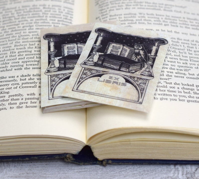 May include: Two vintage bookplates featuring an owl and a candlelit scene. The bookplates are printed on textured paper with a brown background and the text "EX LIBRIS".