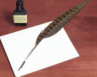Pheasant Feather Quill Pen with Pointed Steel Nib, Calligraphy Dip Pen