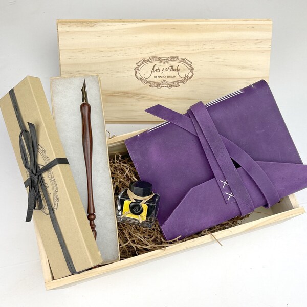 Custom Journal Gift Set with Leather Book, Dip Pen, and Writing Ink in Keepsake Wood Box