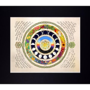 May include: A circular chart with a Celtic knot border, depicting the phases of the moon and the seasons of the year. The chart is surrounded by text that reads "The moment of the year has its own beauty, and in the same orbit beholds her four pictures which was before and which shall never be again."