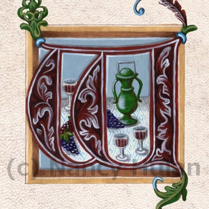 Alphabet Letter W, Medieval Illuminated Letter W, Painted Initial W