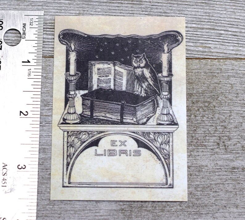 May include: A black and white illustration of an owl perched on a book with two candlesticks on either side. The image is on a beige background with the text "Ex Libris" in a decorative arch.