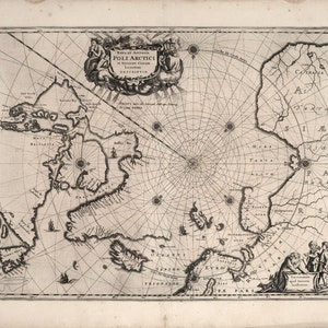 Carte marine historique de l'océan Arctique, reproduction de carte du XVIIe siècle MP044
