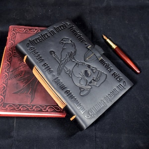 Black Leather Grimoire Dark Academia Journal Skull Raven Embossed Design Blank Paper