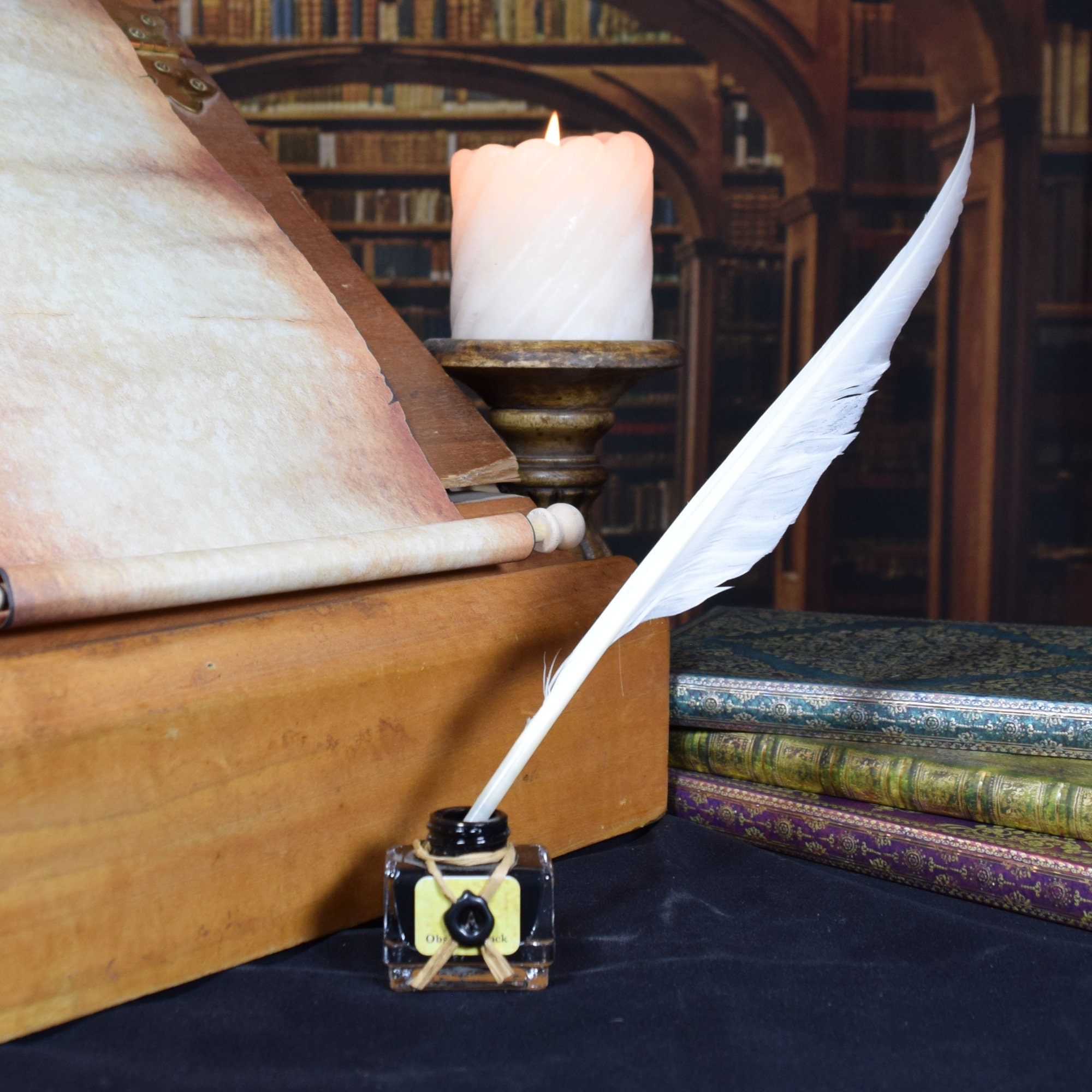 Medieval Writing Set with Scroll, Feather Quill, and Ink