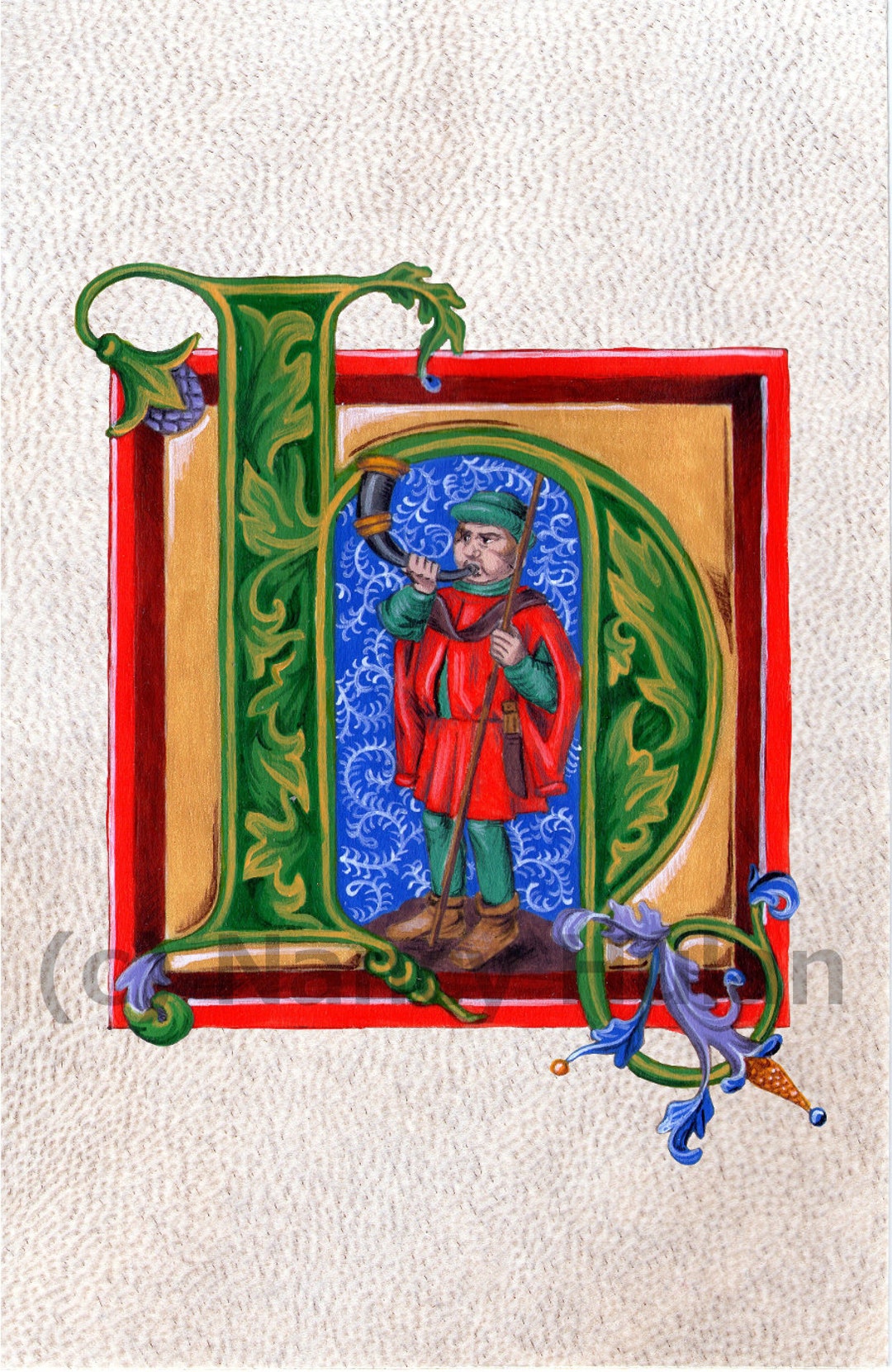 Medieval Illuminated Letter H, Alphabet Letter H, Painted Initial H