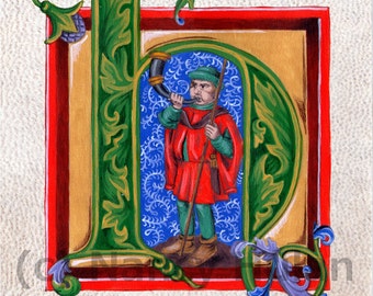 Medieval Illuminated Letter H, Alphabet Letter H,  Painted Initial H, Medieval Alphabet Letter Fine Art Print