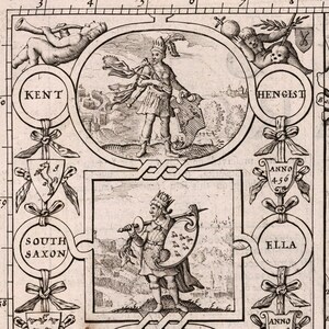 Peut inclure: Une illustration en noir et blanc d'une sc&egrave;ne historique avec deux rois, l'un tenant une &eacute;p&eacute;e et un bouclier, l'autre tenant un b&acirc;ton. L'illustration est entour&eacute;e d'&eacute;l&eacute;ments d&eacute;coratifs, notamment des boucliers, des rubans et des couronnes. Le texte "KENT", "HENGIST", "SOUTH SAXON", "ELLA", "ANNO 456", et "ANNO" est visible sur l'image.