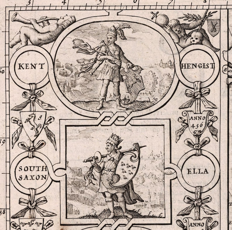 Peut inclure: Une illustration en noir et blanc d'une sc&egrave;ne historique avec deux rois, l'un tenant une &eacute;p&eacute;e et un bouclier, l'autre tenant un b&acirc;ton. L'illustration est entour&eacute;e d'&eacute;l&eacute;ments d&eacute;coratifs, notamment des boucliers, des rubans et des couronnes. Le texte "KENT", "HENGIST", "SOUTH SAXON", "ELLA", "ANNO 456", et "ANNO" est visible sur l'image.
