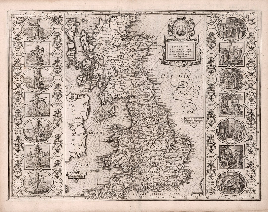 Historical Map of Anglo-saxon Britain, 17th Century, Fine Art