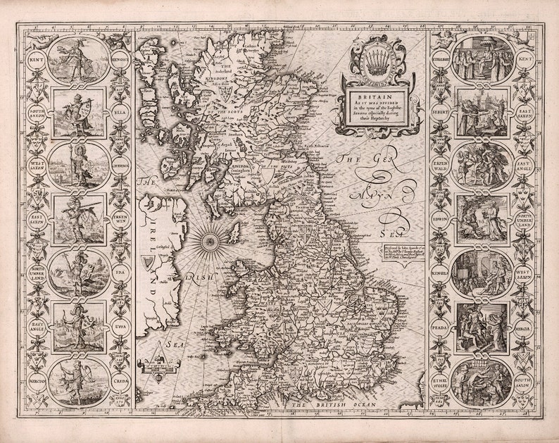 Peut inclure: Une carte vintage de la Grande-Bretagne et de l'Irlande, avec une bordure d&eacute;corative de sc&egrave;nes de la vie des monarques britanniques. La carte est intitul&eacute;e "BRITAIN As it was divided in the time of the English Saxons, especially during the Heptarchy."
