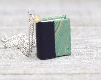 Aqua Blue Miniature Book Necklace // 18 Inch Silver Chain // Gift for Reader