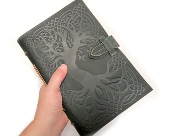Green Leather Journal Celtic Knot Tree of Life Embossed Design Blank Paper