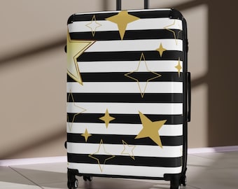 Hardshell-spinnerbagage zwart wit gestreept ster goud reiskoffer reiskoffer met veilig slot Stijlvolle reistas op wieltjes op wieltjes