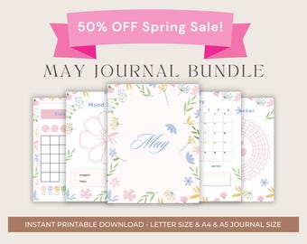 Paquete de diarios de mayo, diarios floreados, páginas imprimibles, páginas precoloreadas, planificador de mayo, planificador imprimible, diarios floreados, agenda de mayo