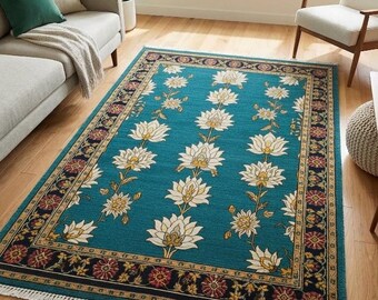 Handgeknüpfter Wollteppich mit türkisfarbenem Blumenmuster – Handgefertigter, traditioneller Teppich mit botanischem Muster in Türkis
