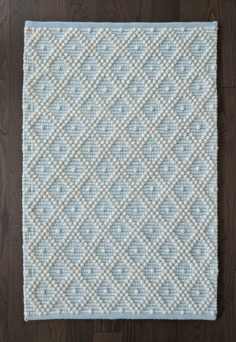 Handmade Cotton Bobble Rug – Pale Blue Cream Diamond Pattern, Boho ...
