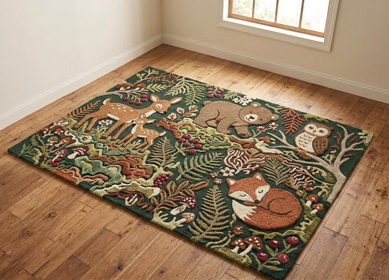Hand-tufted Forest Animal Rug - 3D Woodland Nursery Decor - Large Fox ...