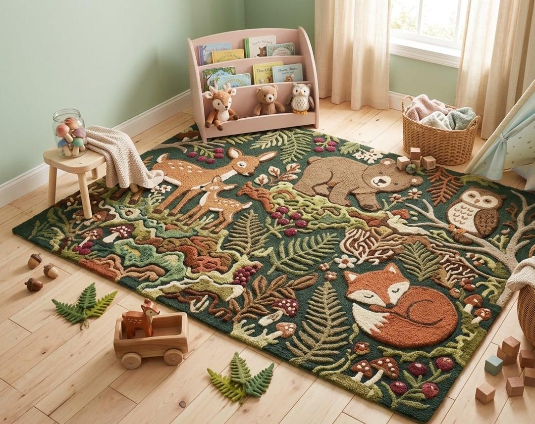 Hand-tufted Forest Animal Rug - 3D Woodland Nursery Decor - Large Fox ...