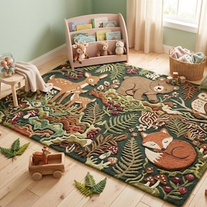 May include: A children's forest-themed rug with a dark green backdrop, depicting woodland animals. The rug showcases a deer family, a bear, an owl, and a sleeping fox. The design incorporates ferns, mushrooms, and berries, creating a playful scene.