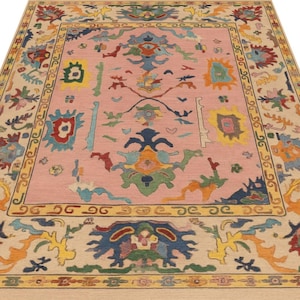 Handcrafted Pink & Floral Pattern Rug - Unique Decor,Soft Turkish Rug,vintage Oushak Rug-Hemnoz Crafts