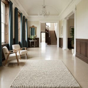 May include: A rectangular area rug featuring a dense, textured surface composed of numerous small, uniform off-white felted wool balls. The rug lies flat on a smooth, light-coloured floor in a spacious hallway with dark wood panelling and blue curtains.