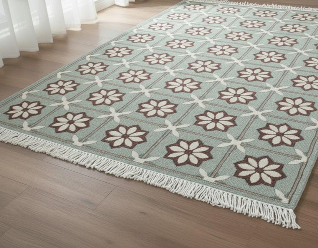 Sage Green Floral Oushak Style Wool Rug | Mid-century Modern Home Decor ...