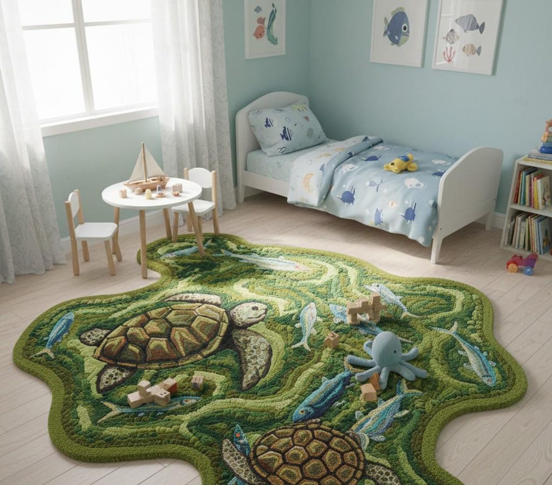Handmade Sea Turtle and Fish Tufted Area Rug, Unique Green Marine Life ...