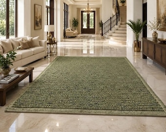 Hand-Felted Wool Ball Rug - Moss Green Boho Area Mat