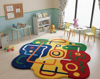 Tapis en laine tufté à la main, art abstrait, forme irrégulière