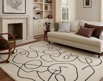Alfombra abstracta de líneas tejida a mano, moderna y minimalista, de lana, color crema y negro, hecha a mano para la decoración del hogar.