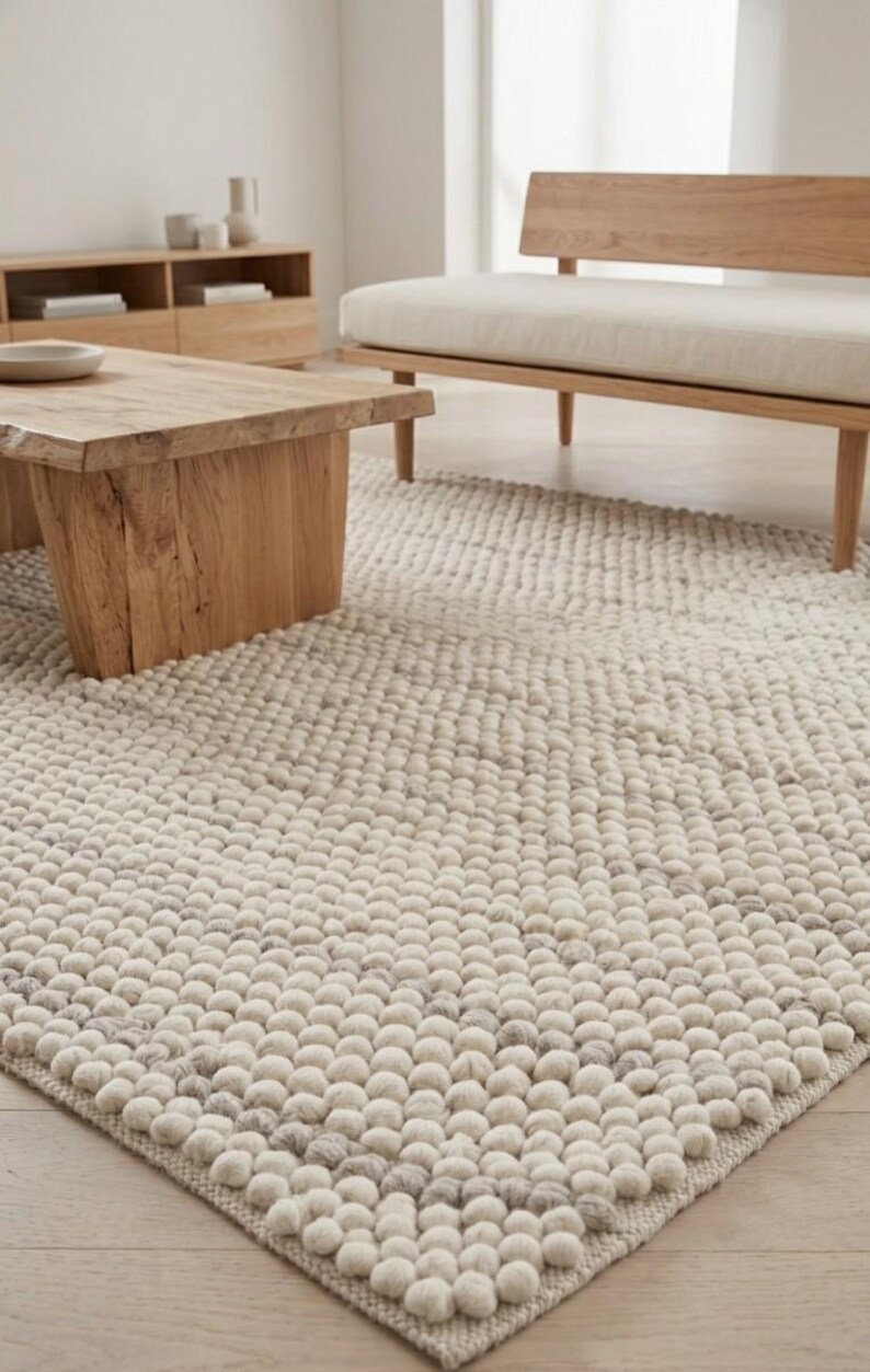 Nubby Rugs Handfelted Wool Pebble Rug, Cream Chunky Bobble Area Rug, Organic ...