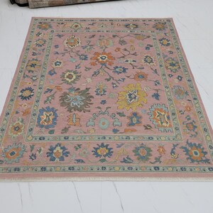 Hand Knotted Wool Oushak Rug | Pink Floral, Contemporary Design