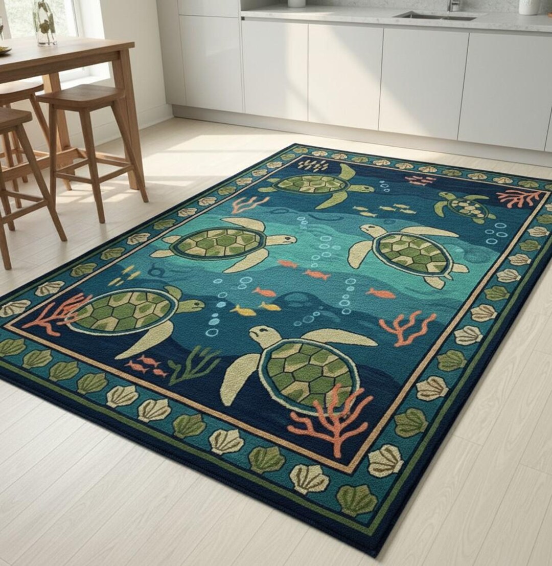 Turtle Colorblock Rug Coastal Sea Turtle Area Rug | Handtuffted Rug,ocean Life Blue & Green ...