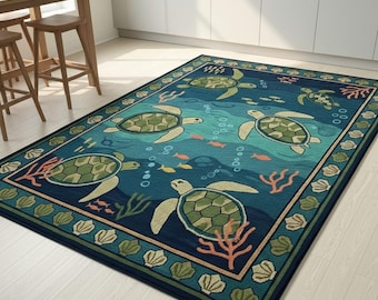 Coastal Ocean Life kinderkamertapijt met zeeschildpadden, met de hand getuft door Hemnoz Crafts