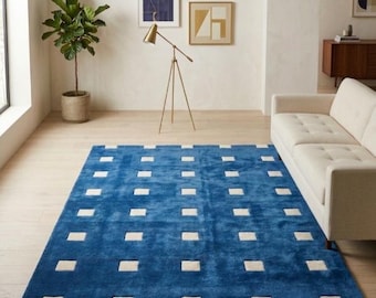 Modern Blue Checkered Hand Tufted Rug, Geometric Area Rug for Living Room Decor