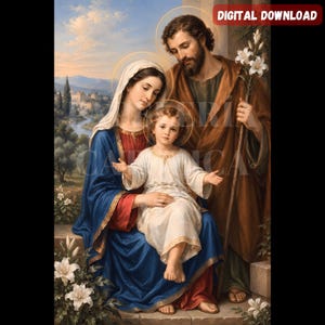 Puede incluir: Una impresión de descarga digital de la Sagrada Familia. Una mujer con túnica azul y roja sostiene a un niño de blanco, mientras un hombre con túnica marrón sostiene un bastón con lirios blancos. Tienen halos dorados sobre un paisaje.