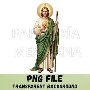 Puede incluir: Ilustración digital de una figura religiosa, vestida con una túnica blanca y una capa verde, sosteniendo un bastón de madera. La figura tiene un halo y un retrato en el pecho. Incluye el texto "PNG FILE TRANSPARENT BACKGROUND".