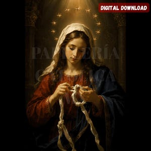 Jungfrun Unknown | Porträtt av Maria, knutupplösaren | Utskrivbart katolskt ark | Religiös konst i olja | Digital nedladdning av katolsk väggkonst