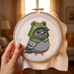 Pigeon Frog Hat Cross Stitch Pattern | Cute Digital Animal DIY PDF