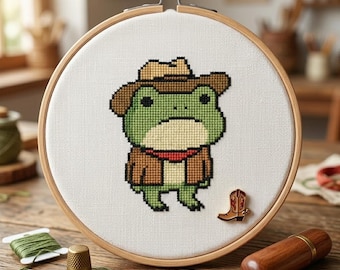 Cowboy Frog Cross Stitch Pattern: Modern Animal Embroidery (Digital Download)