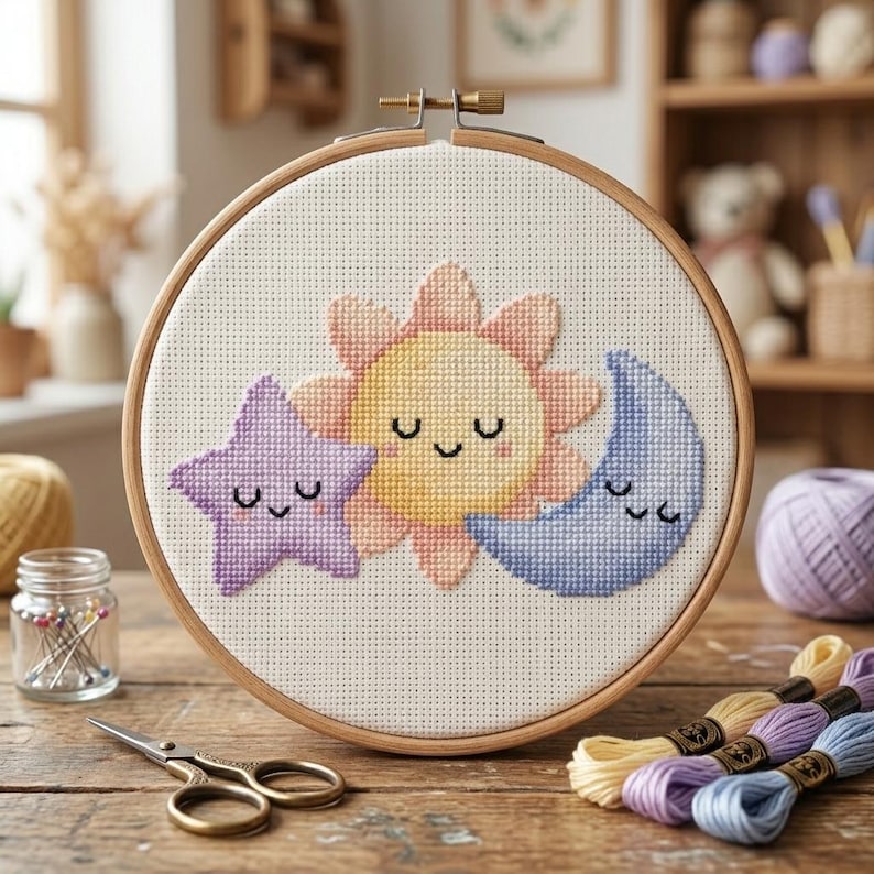 May include: A cross-stitch embroidery hoop featuring a smiling sun, star, and moon design. The sun is yellow and orange, the star is purple, and the moon is blue. The embroidery is set in a wooden hoop, perfect for home decor or craft projects.