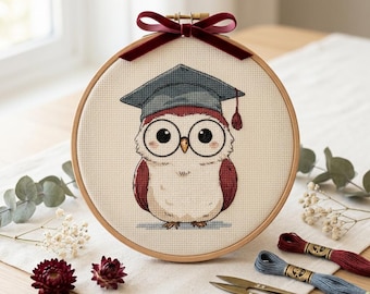 Graduation Owl Cross Stitch Pattern: Modern Beginner Embroidery (Digital Download)